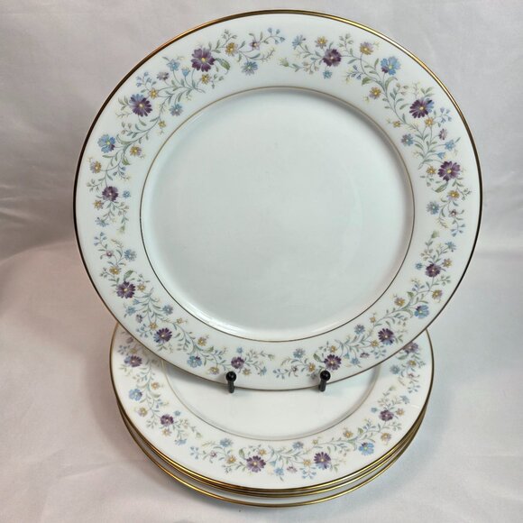 FOUR Noritake Longwood #2485 Dinner Plates Purple, Blue & Yellow Flowers - Picture 1 of 15